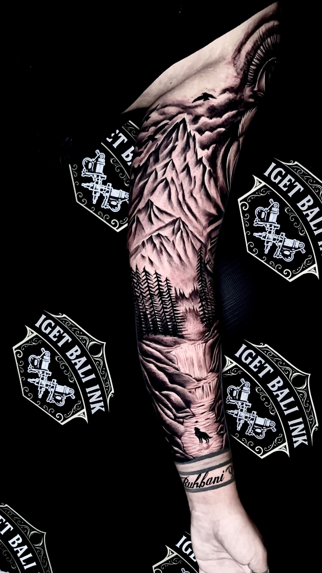 Black and grey mountain, forest and waterfall nature full sleeve