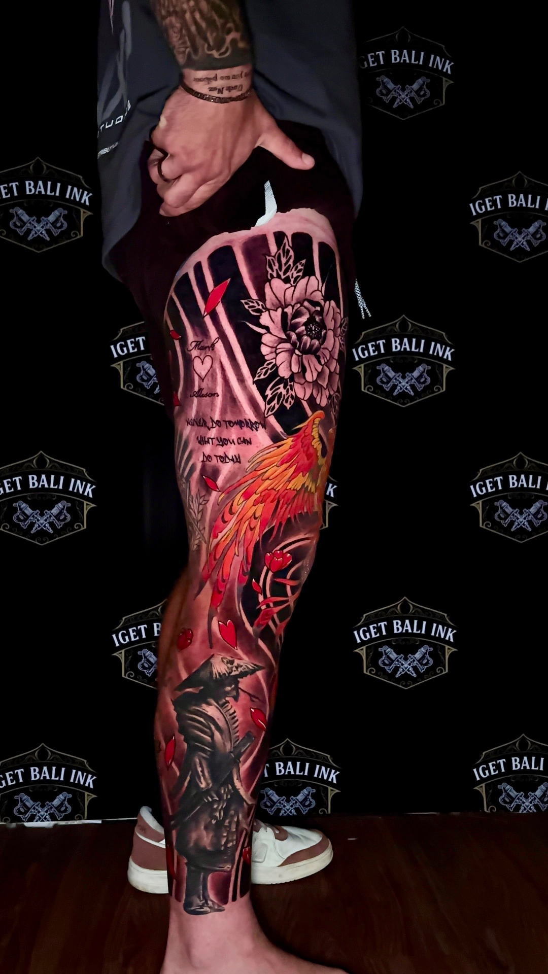 Colour phoenix and peony full leg sleeve with lettering