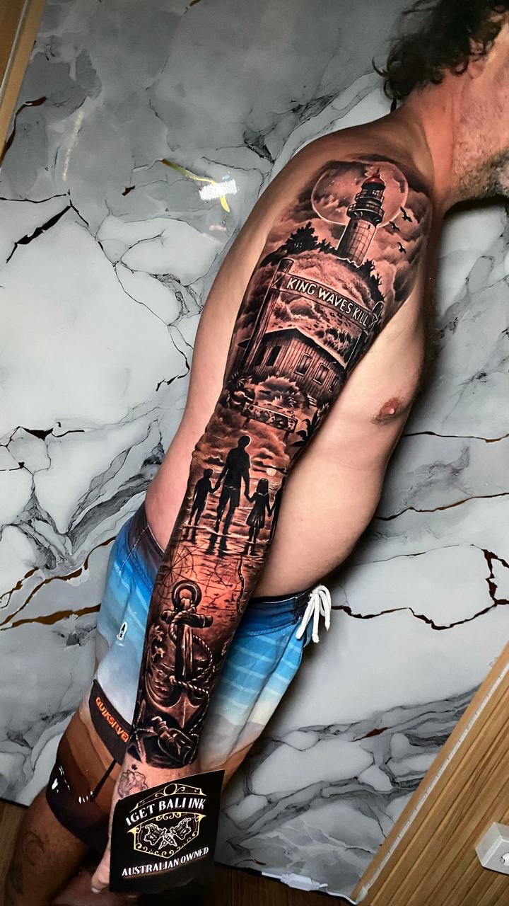 Lighthouse, family silhouette and anchor full sleeve