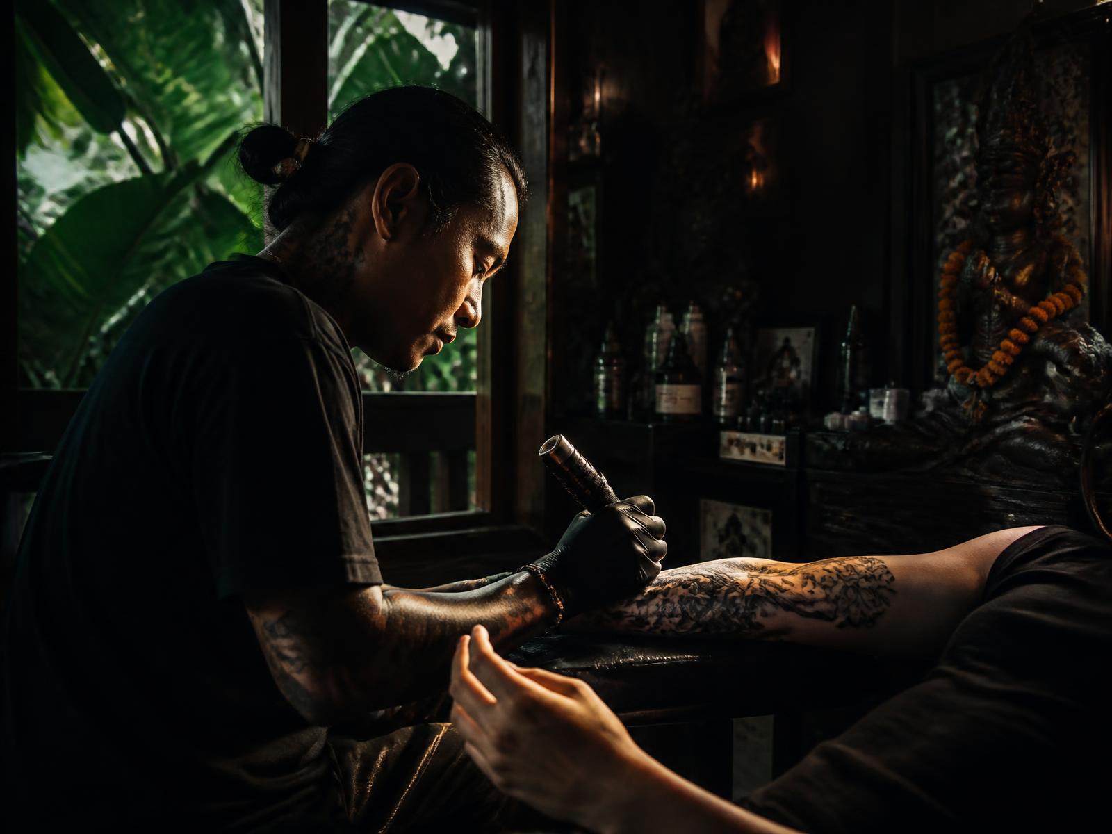 Tattoo artist working on a client's forearm in a Bali studio